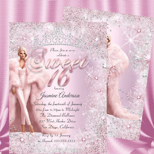 Glam Sweet 16 Rosa Silber Winter Wonderland Tiara  Einladung
