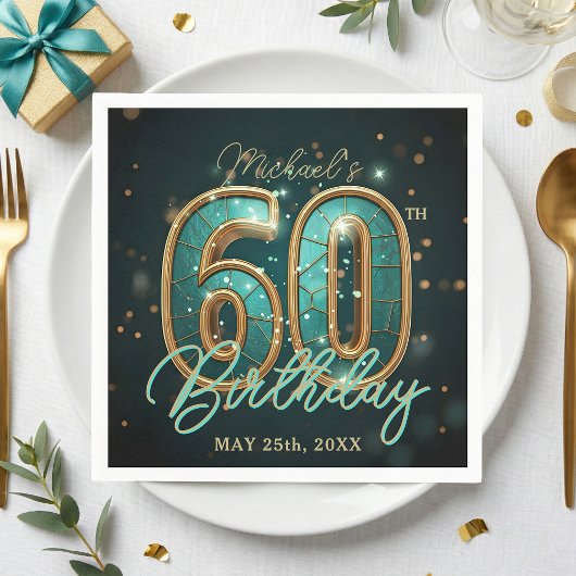 Glam Teal and Gold Elegant 60th Birthday Party Serviette