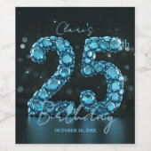 Glam Teal Blue 3D Bubble Gems 25th Birthday Weinetikett (Einzelnes Label)