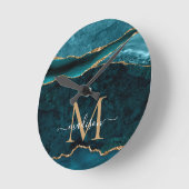 Glam Teal Green Gold Agate Geode Glitter Monogram Runde Wanduhr (Winkel)