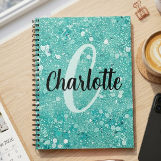 Glam Teal Mint Faux Glitter Funkel Monogramm Name Notizblock
