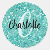 Glam Teal Mint Faux Glitter Funkel Monogramm Name Runder Aufkleber (Vorderseite)
