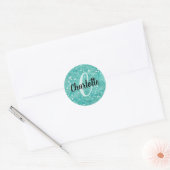 Glam Teal Mint Faux Glitter Funkel Monogramm Name Runder Aufkleber (Umschlag)