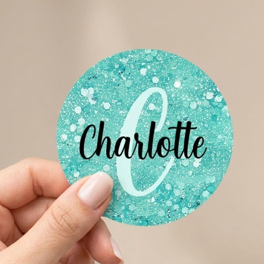 Glam Teal Mint Faux Glitter Funkel Monogramm Name Runder Aufkleber
