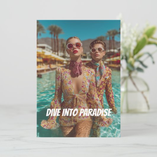 Glam Tropical Pool Party Vibes Einladung (Stehend Vorderseite)