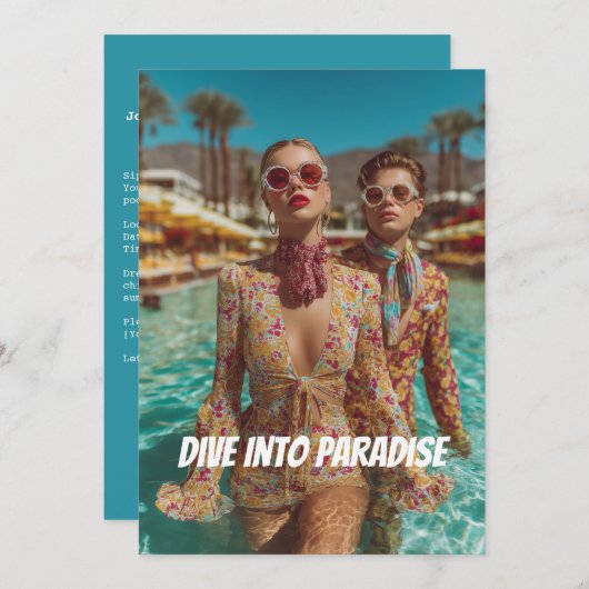 Glam Tropical Pool Party Vibes Einladung (Vorne/Hinten)