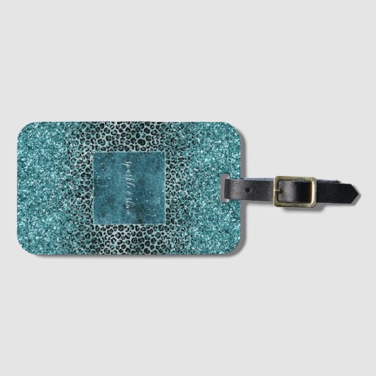 Glam Türkis Aquamarin Blue Leopard Print Glitzer Gepäckanhänger (Vorderseite (Horizontal))