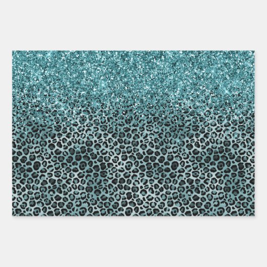 Glam Türkis Aquamarin Blue Leopard Print Glitzer Geschenkpapier Set (Vorderseite 3)