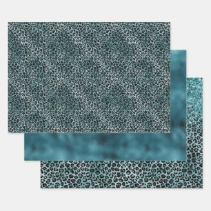 Glam Türkis Aquamarin Blue Leopard Print Glitzer Geschenkpapier Set