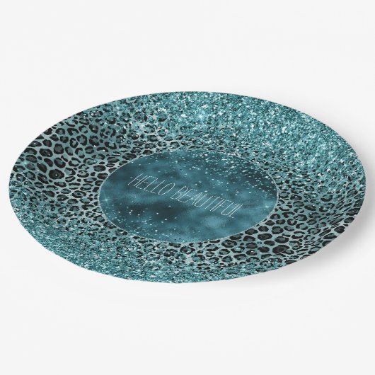 Glam Türkis Aquamarin Blue Leopard Print Glitzer Pappteller (Schrägansicht)