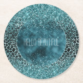 Glam Türkis Aquamarin Blue Leopard Print Glitzer Runder Pappuntersetzer (Vorderseite)