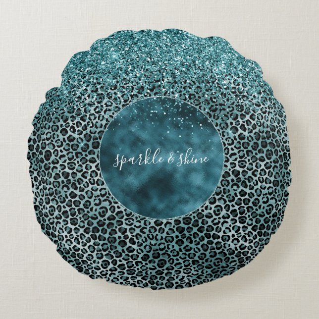 Glam Türkis Aquamarin Blue Leopard Print Glitzer Rundes Kissen (Vorderseite)