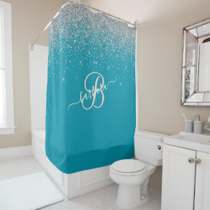 Glam Turquoise 3-Color Monogram Name Duschvorhang