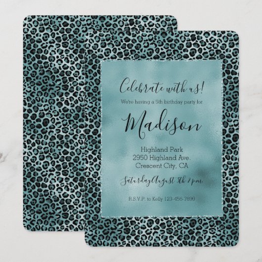 Glam Turquoise Aquamarin Blue Leopard Print Einladung (Vorne/Hinten)