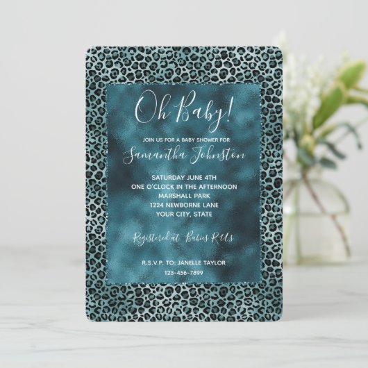 Glam Turquoise Aquamarin Blue Leopard Print Ombre Einladung (Stehend Vorderseite)