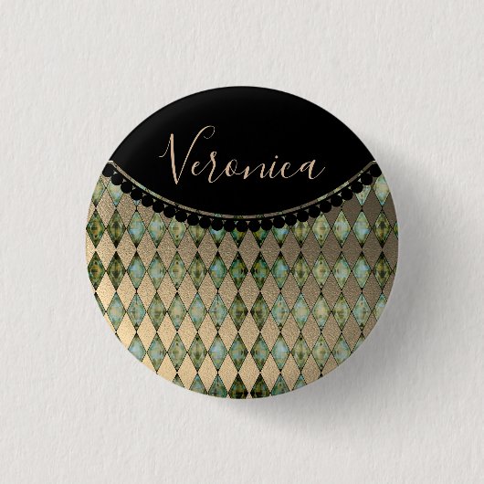 Glam Turquoise Harlequin Personalisiert Button (Vorderseite)