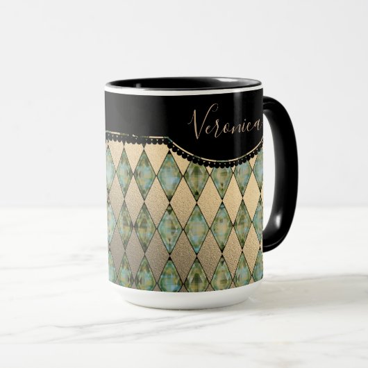 Glam Turquoise Harlequin Personalisiert Tasse (VorderseiteRechts)