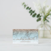 Glam Turquoise Marble Bronze Glitzer Script Visitenkarte (Stehend Vorderseite)