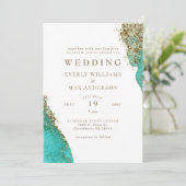 Glam Turquoise & Metallic Gold Wedding Einladung (Stehend Vorderseite)