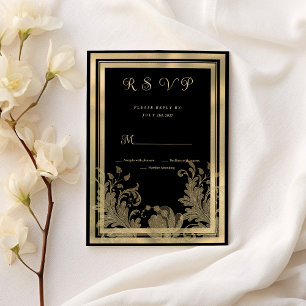 Glam Vintages Schwarzes Gold Spitze Blumenzwiebeln Einladung