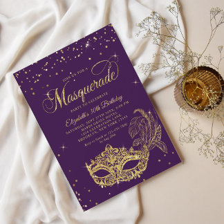 Glam Violet Gold Glitzer Masquerade Geburtstag Einladung