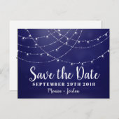 Glam White Fairy Lights Blau SAVE THE DATE Ankündigungspostkarte (Vorne/Hinten)