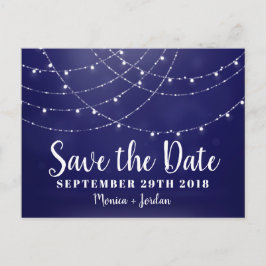 Glam White Fairy Lights Blau SAVE THE DATE Ankündigungspostkarte