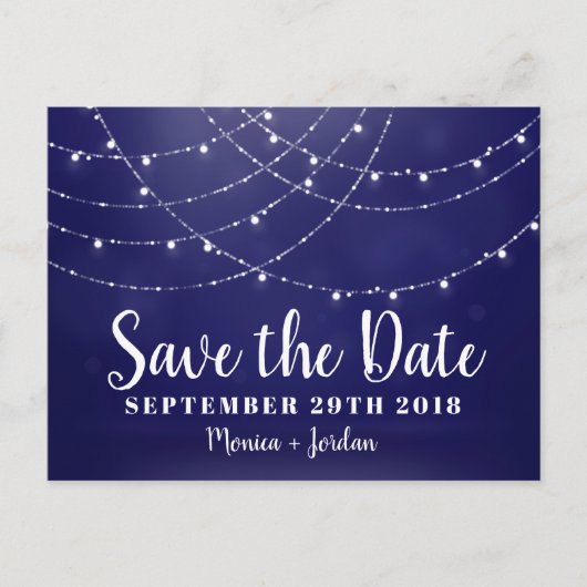 Glam White Fairy Lights Blau SAVE THE DATE Ankündigungspostkarte (Vorderseite)