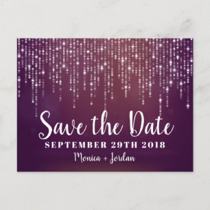Glam White Fairy Lights pink SAVE THE DATE lila Ankündigungspostkarte