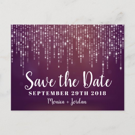 Glam White Fairy Lights pink SAVE THE DATE lila Ankündigungspostkarte (Vorderseite)
