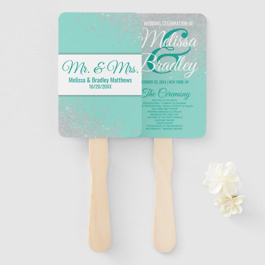 Glam White Glitzer Glitzern Aquamarin Hochzeitspro Fächer (Vorne und Hinten)