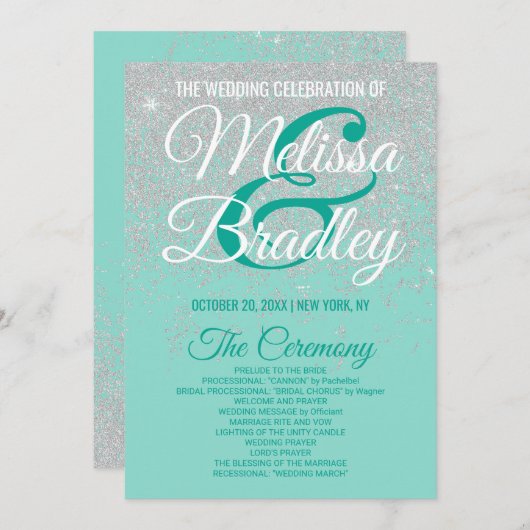 Glam White Glitzer Glitzern Aquamarin Hochzeitspro Programm (Vorne/Hinten)