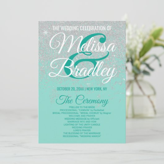 Glam White Glitzer Glitzern Aquamarin Hochzeitspro Programm (Stehend Vorderseite)