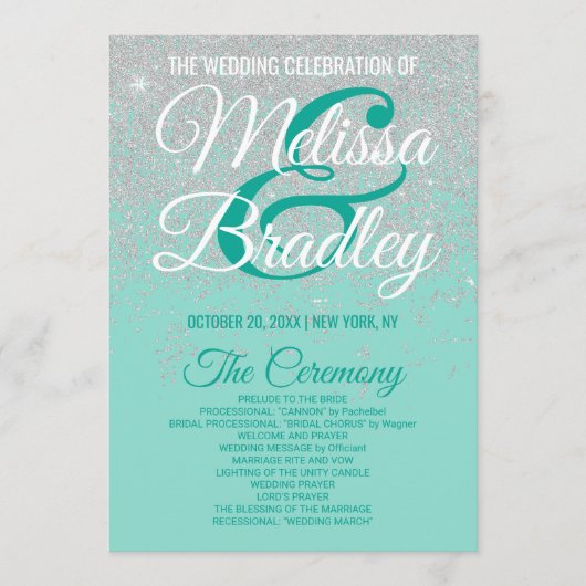 Glam White Glitzer Glitzern Aquamarin Hochzeitspro Programm (Vorderseite)