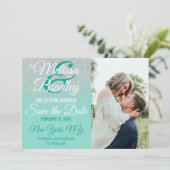 Glam White Glitzer Glitzern Aquamarin Save the Dat Einladung (Stehend Vorderseite)