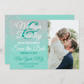 Glam White Glitzer Glitzern Aquamarin Save the Dat Einladung (Vorne/Hinten)