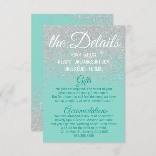 Glam White Glitzer Glitzern Aquamarine Hochzeitdet Begleitkarte (Vorne/Hinten)