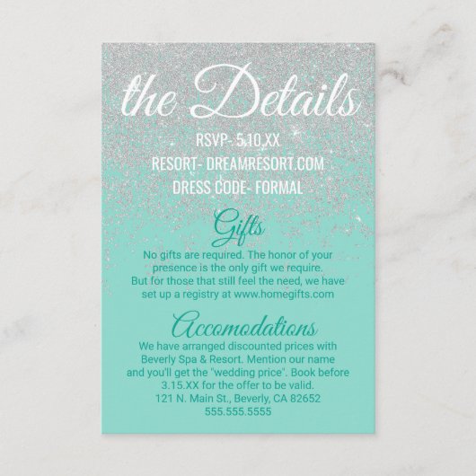 Glam White Glitzer Glitzern Aquamarine Hochzeitdet Begleitkarte (Vorderseite)