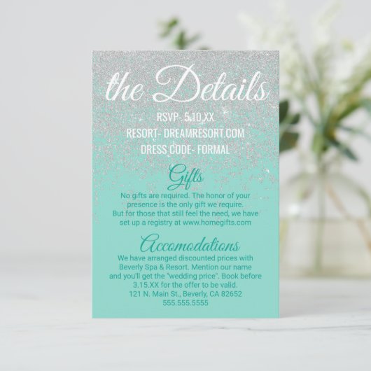 Glam White Glitzer Glitzern Aquamarine Hochzeitdet Begleitkarte (Stehend Vorderseite)
