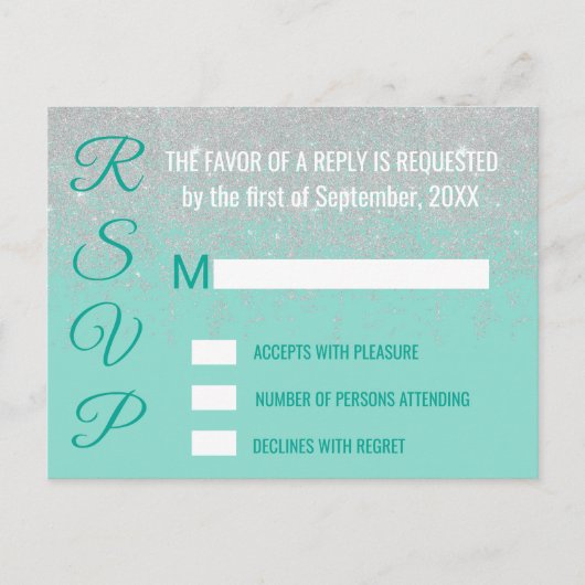 Glam White Glitzer Glitzern Aquamarine RSVPs Einladungspostkarte (Vorderseite)