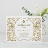 Glam White Gold Art Deco Peacocks Einladung zum Ge (Stehend Vorderseite)