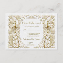 Glam White Gold Art Deco Peacocks Wedding RSVP