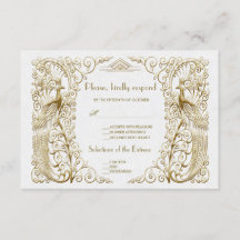 Glam White Gold Art Deco Peacocks Wedding RSVP