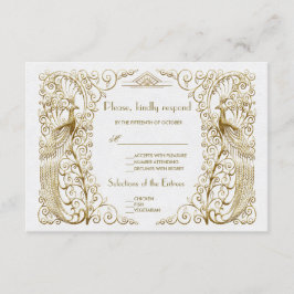 Glam White Gold Art Deco Peacocks Wedding RSVP Karte