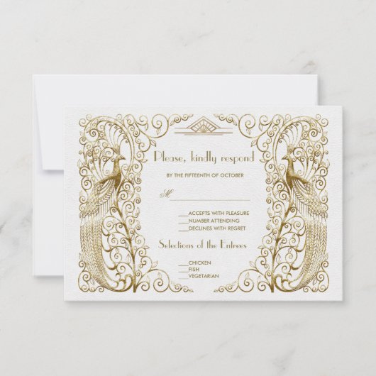 Glam White Gold Art Deco Peacocks Wedding RSVP Karte (Vorderseite)