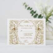 Glam White Gold Art Deco Peacocks Wedding RSVP Karte (Stehend Vorderseite)