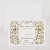 Glam White Gold Art Deco Peacocks Wedding RSVP Karte (Vorne/Hinten)