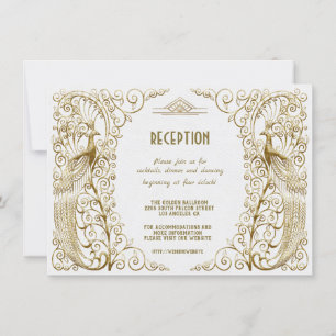Glam White Gold Art Deco Pfau Hochzeitsempfang Einladung