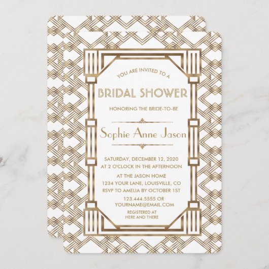 Glam White Gold Great Gatsby Brautparty Einladung (Vorne/Hinten)