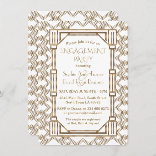 Glam White Gold Great Gatsby Engagement Party Einladung (Vorne/Hinten)